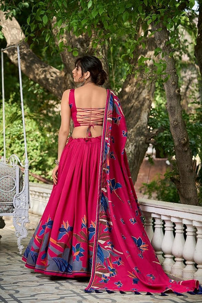Women's Trending Designeer Tussar Silk Lehenga Choli Print with Foil Work With Unstitched Blouse Patola Print Adorned with Foil Work For Navrati || Wedding