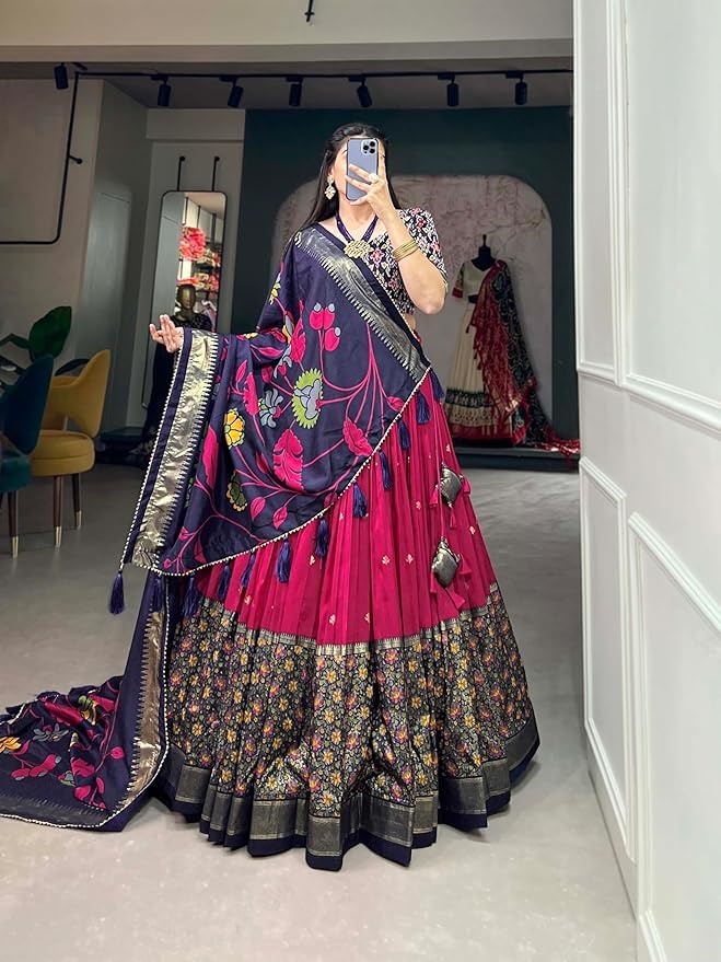 Women's Trending Designeer Tussar Silk Lehenga Choli Print with Foil Work With Unstitched Blouse Patola Print Adorned with Foil Work For Navrati || Wedding