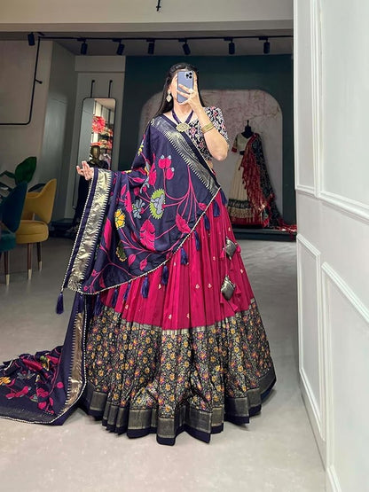 Women's Trending Designeer Tussar Silk Lehenga Choli Print with Foil Work With Unstitched Blouse Patola Print Adorned with Foil Work For Navrati || Wedding