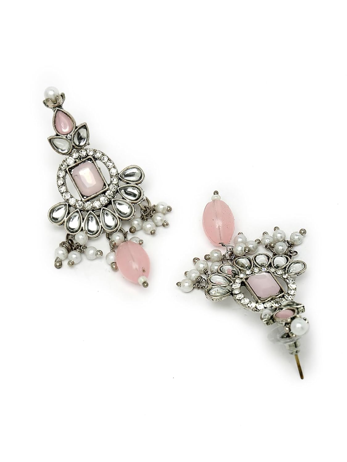 Sukkhi Artistic Rhodium Plated Pink AD Stone Collar Bone Necklace Set With Earring And Maangtika | Jewellery Set For Women (NS105698)