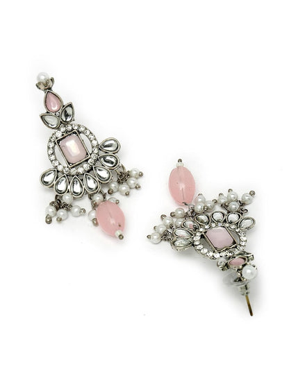 Sukkhi Artistic Rhodium Plated Pink AD Stone Collar Bone Necklace Set With Earring And Maangtika | Jewellery Set For Women (NS105698)