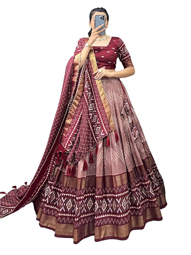 Trending Tussar Silk Lehenga Choli Print with Foil Work With Unstitched Blouse Patola Print Adorned with Foil Work For Navrati || Wedding