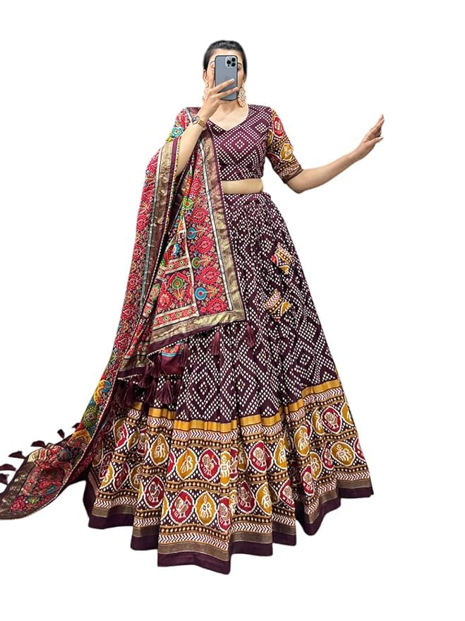 Trending Tussar Silk Lehenga Choli Print with Foil Work With Unstitched Blouse Patola Print Adorned with Foil Work For Navrati || Wedding
