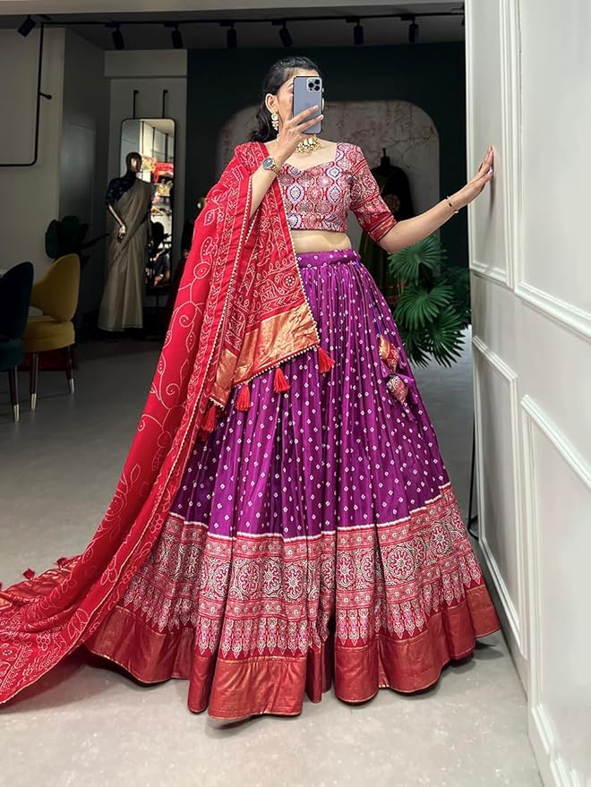 Trending Tussar Silk Lehenga Choli Print with Foil Work With Unstitched Blouse Patola Print Adorned with Foil Work For Navrati || Wedding