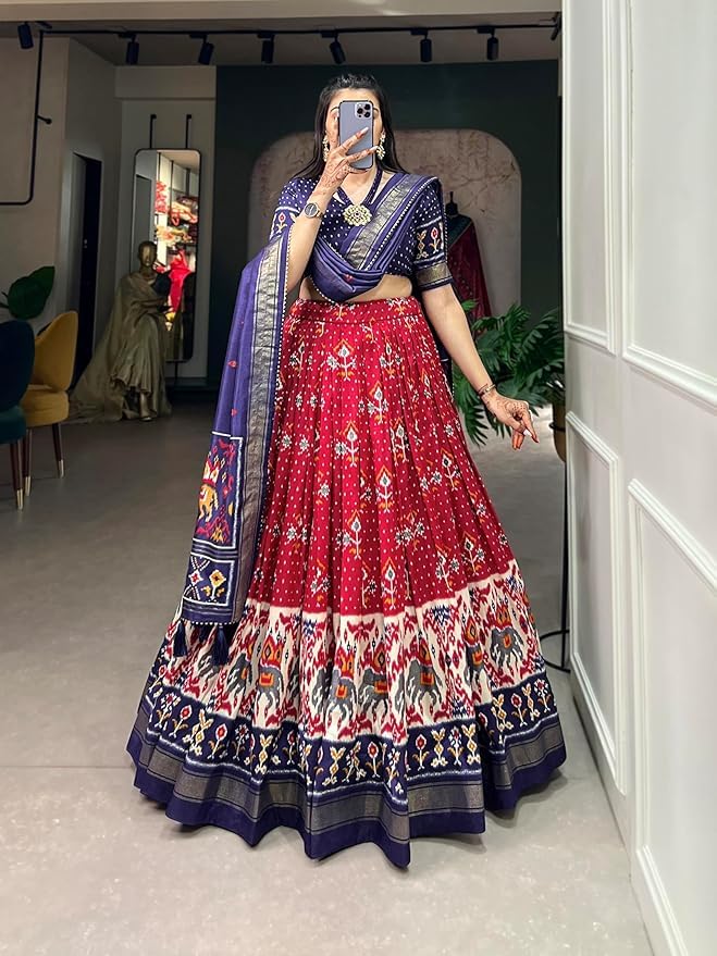 Women's Trending Designeer Tussar Silk Lehenga Choli Print with Foil Work With Unstitched Blouse Patola Print Adorned with Foil Work For Navrati || Wedding