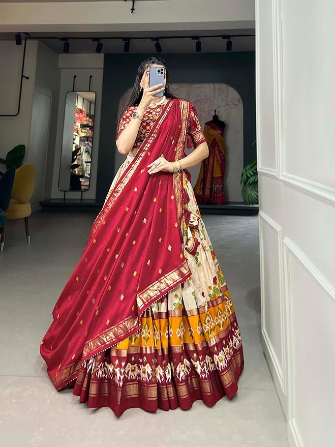Trending Tussar Silk Lehenga Choli Print with Foil Work With Unstitched Blouse Patola Print Adorned with Foil Work For Navrati || Wedding