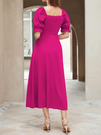 Shasmi Girl's & Women's Solid A-Line Ruched Puff Sleeve Maxi Long Evening One Piece Long Dress for Women Stylish (Dress 131)