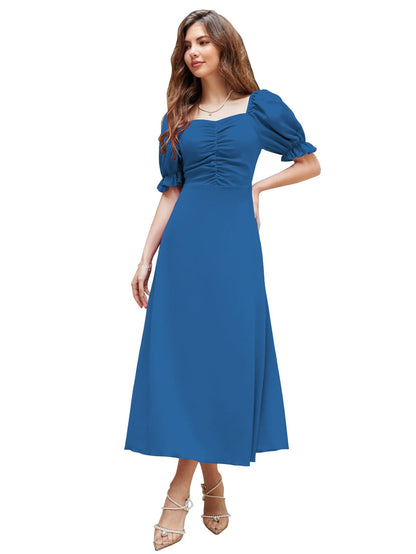 Shasmi Girl's & Women's Solid A-Line Ruched Puff Sleeve Maxi Long Evening One Piece Long Dress for Women Stylish (Dress 131)