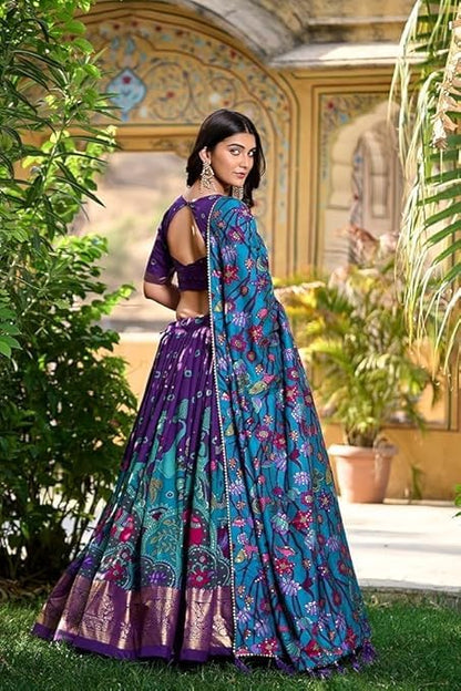 Women's Trending Designeer Tussar Silk Lehenga Choli Print with Foil Work With Unstitched Blouse Patola Print Adorned with Foil Work For Navrati || Wedding