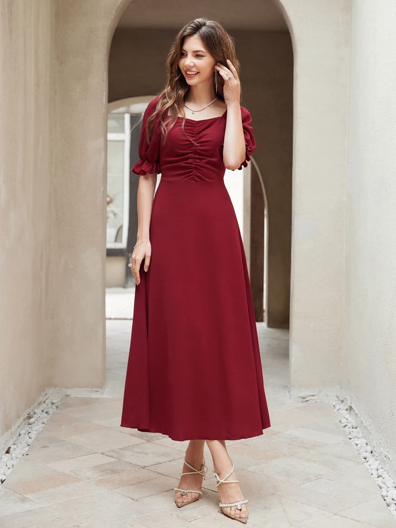 Shasmi Girl's & Women's Solid A-Line Ruched Puff Sleeve Maxi Long Evening One Piece Long Dress for Women Stylish (Dress 131)