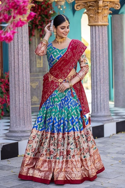 Trending Tussar Silk Lehenga Choli Print with Foil Work With Unstitched Blouse Patola Print Adorned with Foil Work For Navrati || Wedding