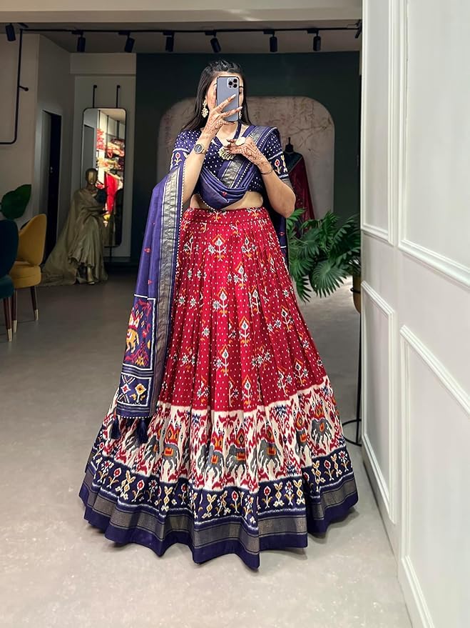 Women's Trending Designeer Tussar Silk Lehenga Choli Print with Foil Work With Unstitched Blouse Patola Print Adorned with Foil Work For Navrati || Wedding