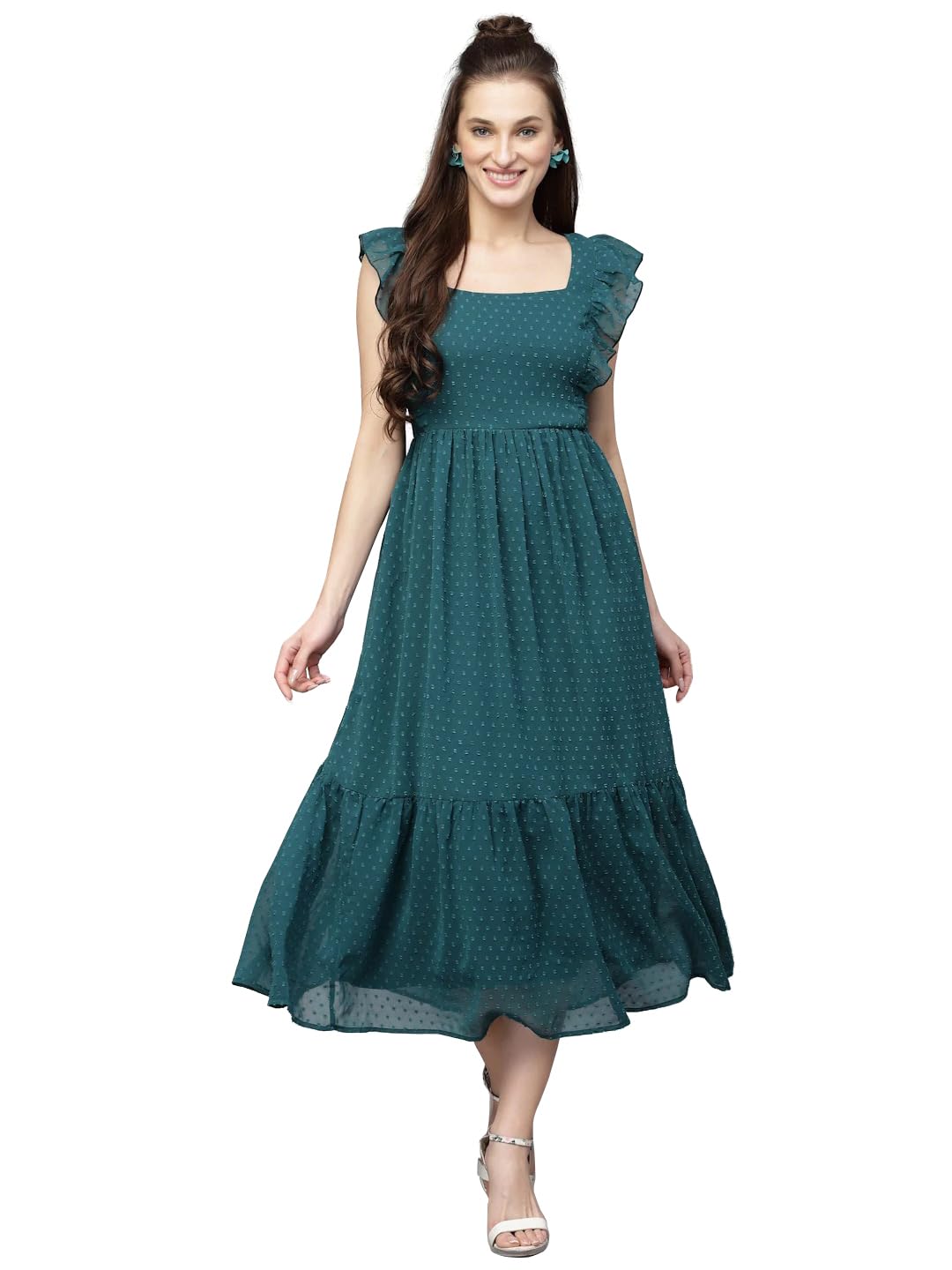 Georgette Jacquard Butti Square Neck Knee Length Western Dresses for Women (Dress2 89) 1