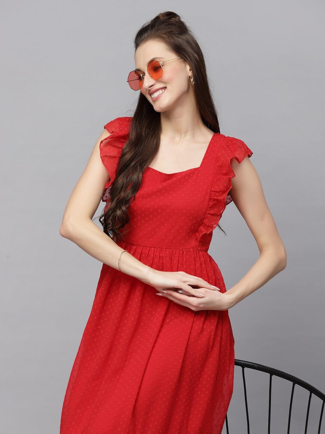Georgette Jacquard Butti Square Neck Knee Length Western Dresses for Women (Dress2 89) 1