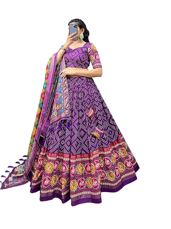 74 COLOR HALFSLIVE Women's Trending Designeer Tussar Silk Lehenga Choli Print with Foil Work With Unstitched Blouse Patola Print Adorned with Foil Work For Navrati || Wedding