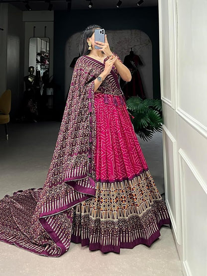 Trending Tussar Silk Lehenga Choli Print with Foil Work With Unstitched Blouse Patola Print Adorned with Foil Work For Navrati || Wedding