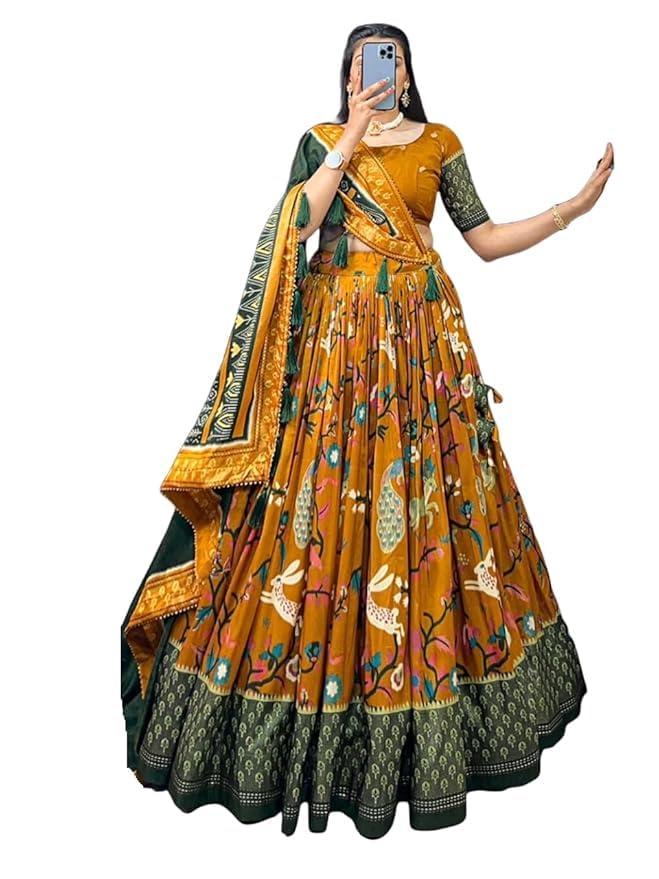 Trending Tussar Silk Lehenga Choli Print with Foil Work With Unstitched Blouse Patola Print Adorned with Foil Work For Navrati || Wedding
