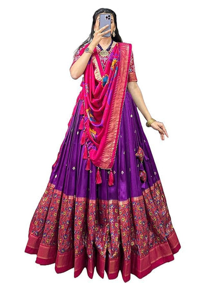 Trending Tussar Silk Lehenga Choli Print with Foil Work With Unstitched Blouse Patola Print Adorned with Foil Work For Navrati || Wedding