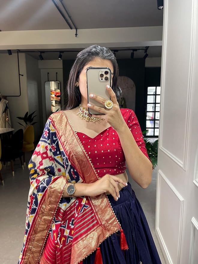 Women's Trending Designeer Tussar Silk Lehenga Choli Print with Foil Work With Unstitched Blouse Patola Print Adorned with Foil Work For Navrati || Wedding