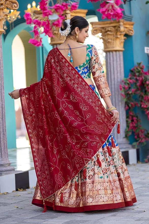 Trending Tussar Silk Lehenga Choli Print with Foil Work With Unstitched Blouse Patola Print Adorned with Foil Work For Navrati || Wedding