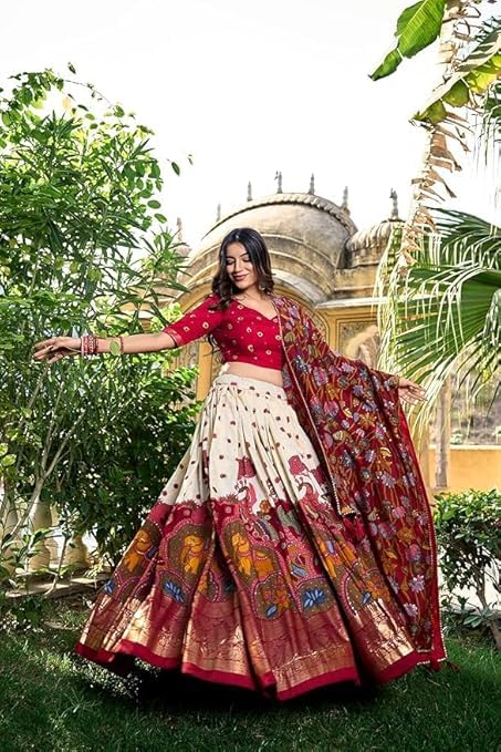 Women's Trending Designeer Tussar Silk Lehenga Choli Print with Foil Work With Unstitched Blouse Patola Print Adorned with Foil Work For Navrati || Wedding