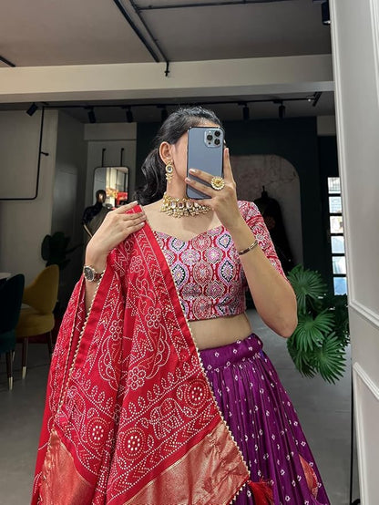 Trending Tussar Silk Lehenga Choli Print with Foil Work With Unstitched Blouse Patola Print Adorned with Foil Work For Navrati || Wedding