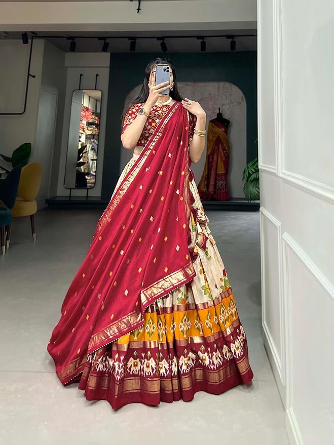 Trending Tussar Silk Lehenga Choli Print with Foil Work With Unstitched Blouse Patola Print Adorned with Foil Work For Navrati || Wedding