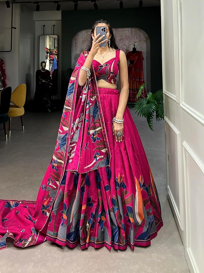 Women's Trending Designeer Tussar Silk Lehenga Choli Print with Foil Work With Unstitched Blouse Patola Print Adorned with Foil Work For Navrati || Wedding