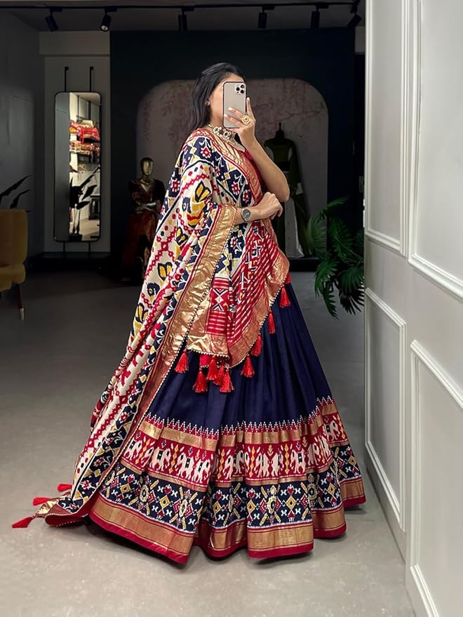 Women's Trending Designeer Tussar Silk Lehenga Choli Print with Foil Work With Unstitched Blouse Patola Print Adorned with Foil Work For Navrati || Wedding