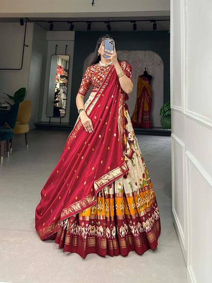 Trending Tussar Silk Lehenga Choli Print with Foil Work With Unstitched Blouse Patola Print Adorned with Foil Work For Navrati || Wedding