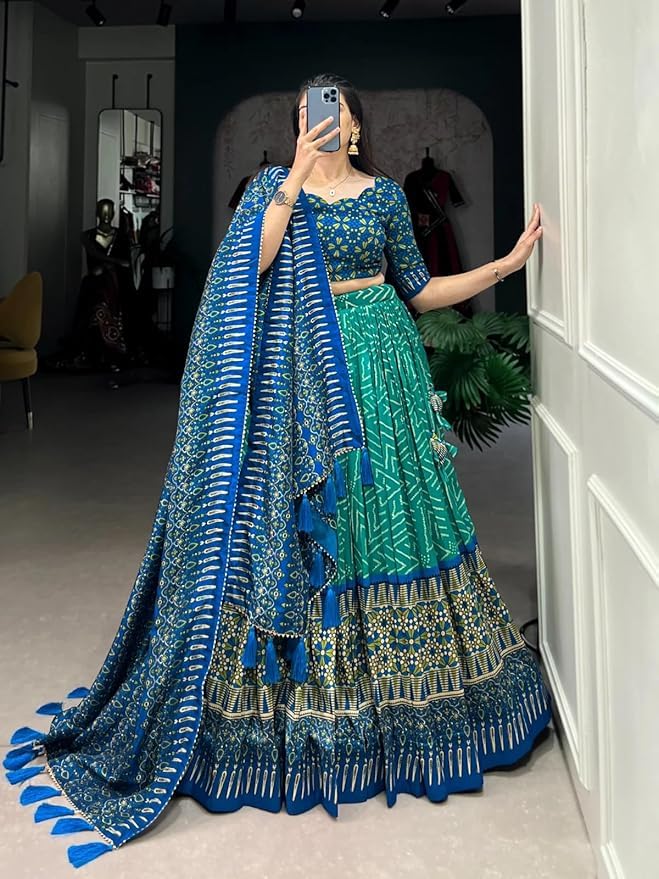 Trending Tussar Silk Lehenga Choli Print with Foil Work With Unstitched Blouse Patola Print Adorned with Foil Work For Navrati || Wedding