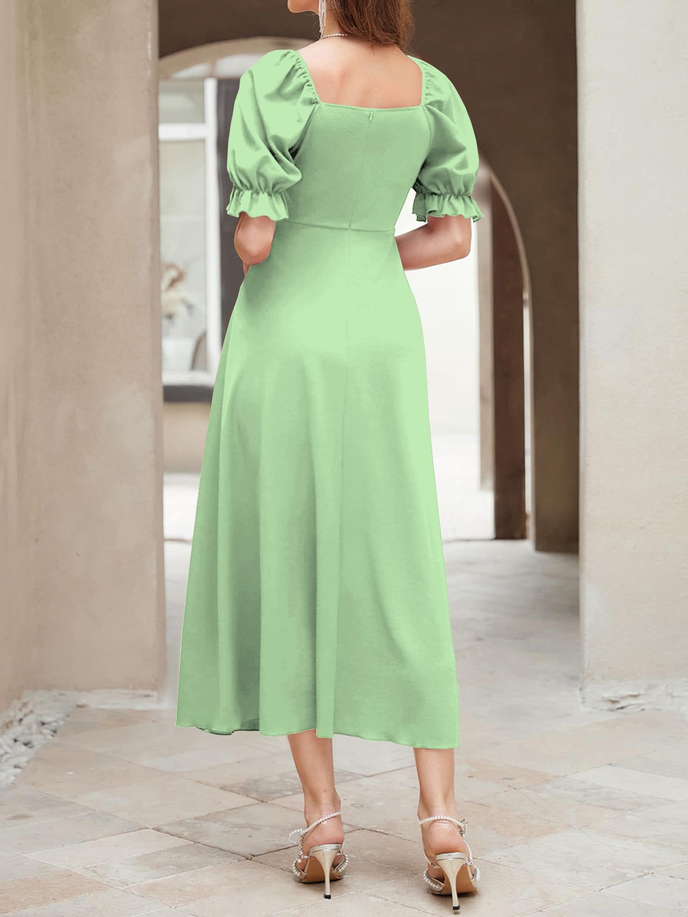 Shasmi Girl's & Women's Solid A-Line Ruched Puff Sleeve Maxi Long Evening One Piece Long Dress for Women Stylish (Dress 131)