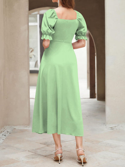 Shasmi Girl's & Women's Solid A-Line Ruched Puff Sleeve Maxi Long Evening One Piece Long Dress for Women Stylish (Dress 131)
