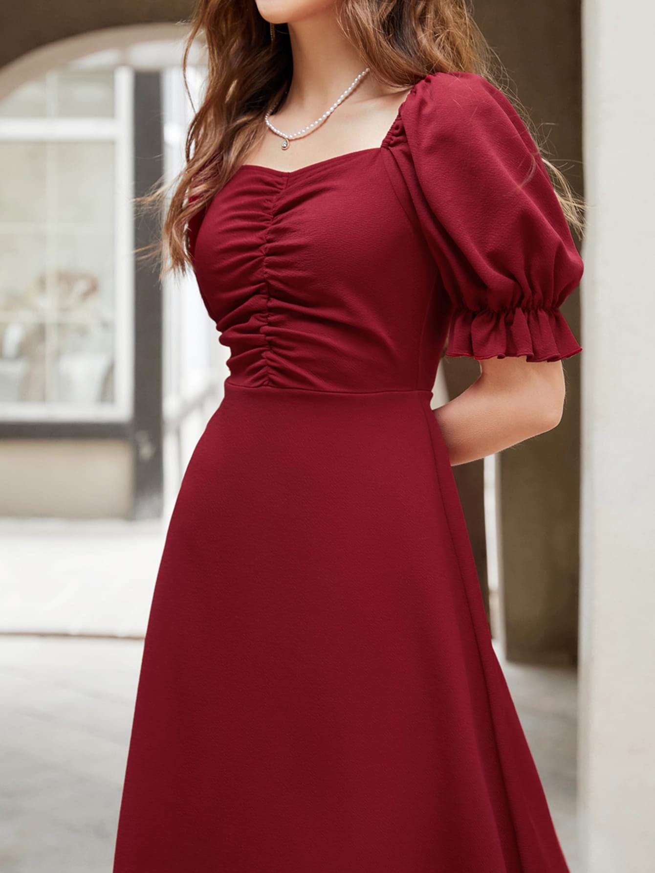 Shasmi Girl's & Women's Solid A-Line Ruched Puff Sleeve Maxi Long Evening One Piece Long Dress for Women Stylish (Dress 131)