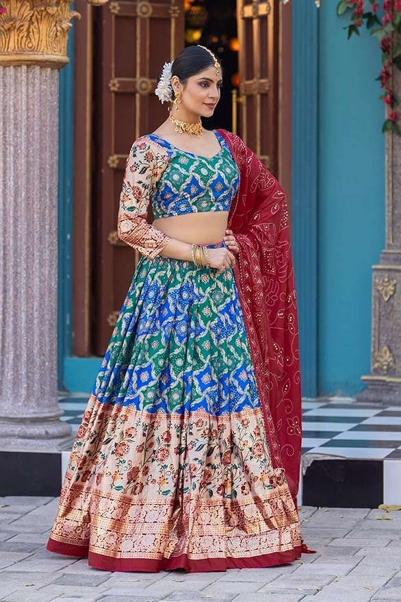 Trending Tussar Silk Lehenga Choli Print with Foil Work With Unstitched Blouse Patola Print Adorned with Foil Work For Navrati || Wedding