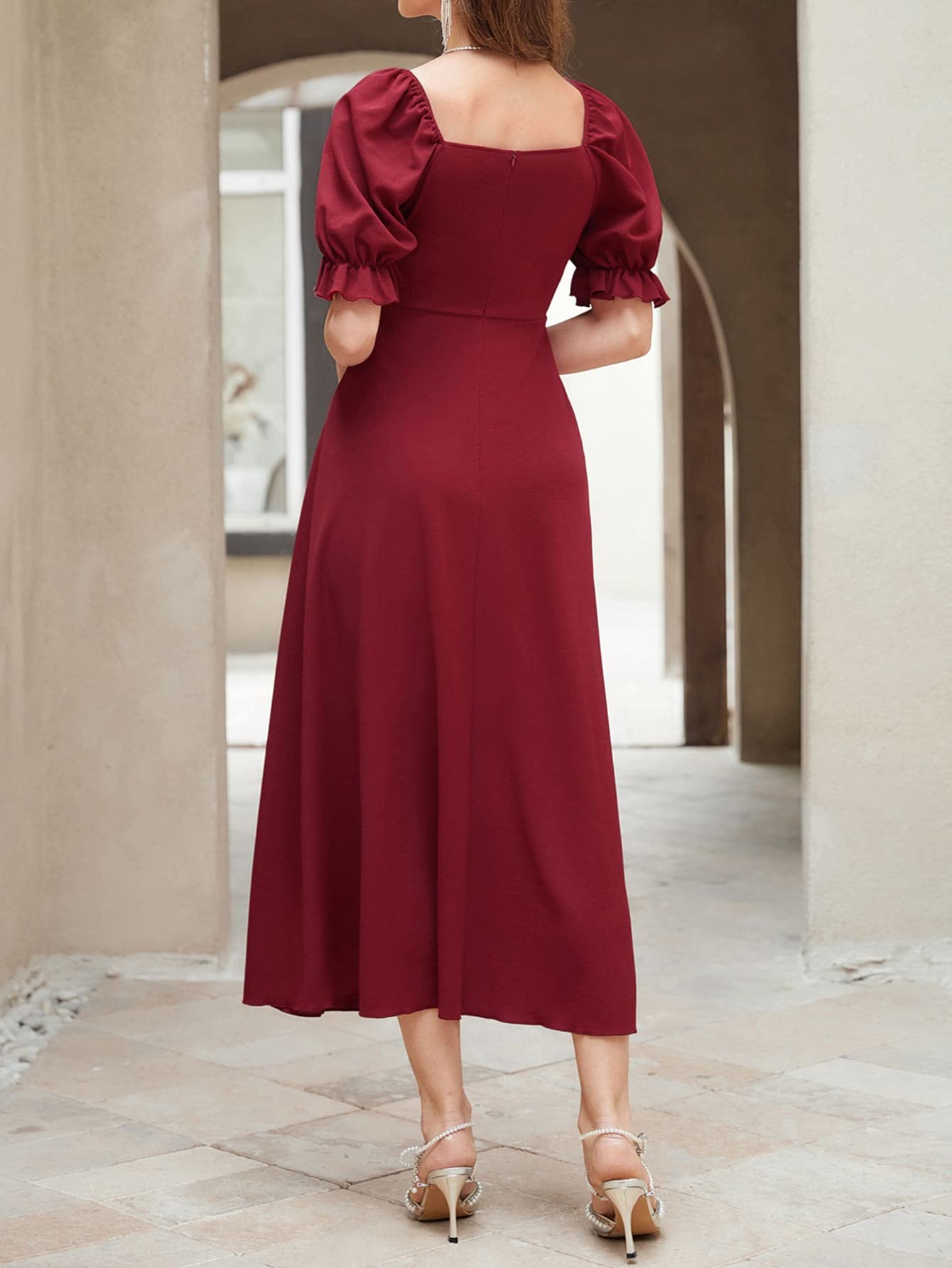 Shasmi Girl's & Women's Solid A-Line Ruched Puff Sleeve Maxi Long Evening One Piece Long Dress for Women Stylish (Dress 131)