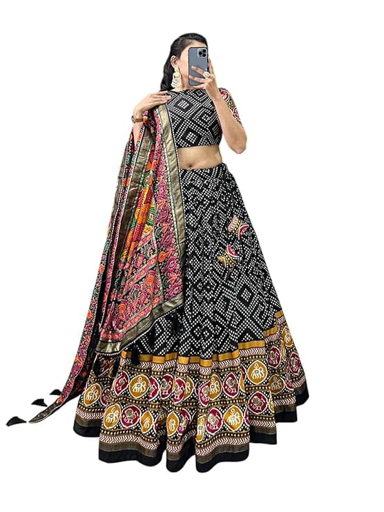 74 COLOR HALFSLIVE Women's Trending Designeer Tussar Silk Lehenga Choli Print with Foil Work With Unstitched Blouse Patola Print Adorned with Foil Work For Navrati || Wedding