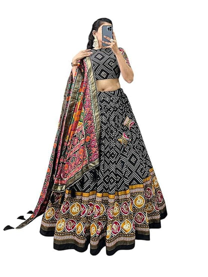 74 COLOR HALFSLIVE Women's Trending Designeer Tussar Silk Lehenga Choli Print with Foil Work With Unstitched Blouse Patola Print Adorned with Foil Work For Navrati || Wedding