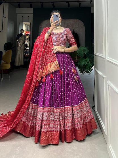 Trending Tussar Silk Lehenga Choli Print with Foil Work With Unstitched Blouse Patola Print Adorned with Foil Work For Navrati || Wedding
