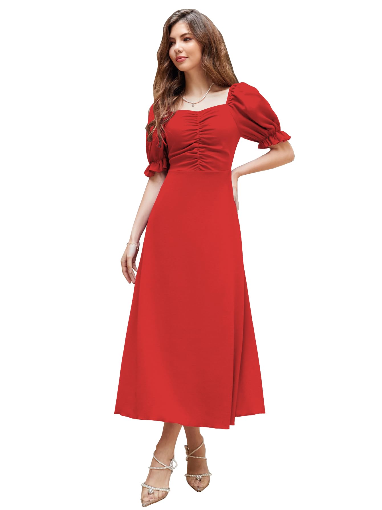Shasmi Girl's & Women's Solid A-Line Ruched Puff Sleeve Maxi Long Evening One Piece Long Dress for Women Stylish (Dress 131)