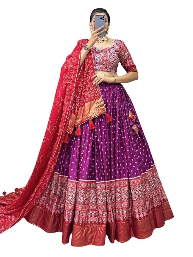 Trending Tussar Silk Lehenga Choli Print with Foil Work With Unstitched Blouse Patola Print Adorned with Foil Work For Navrati || Wedding