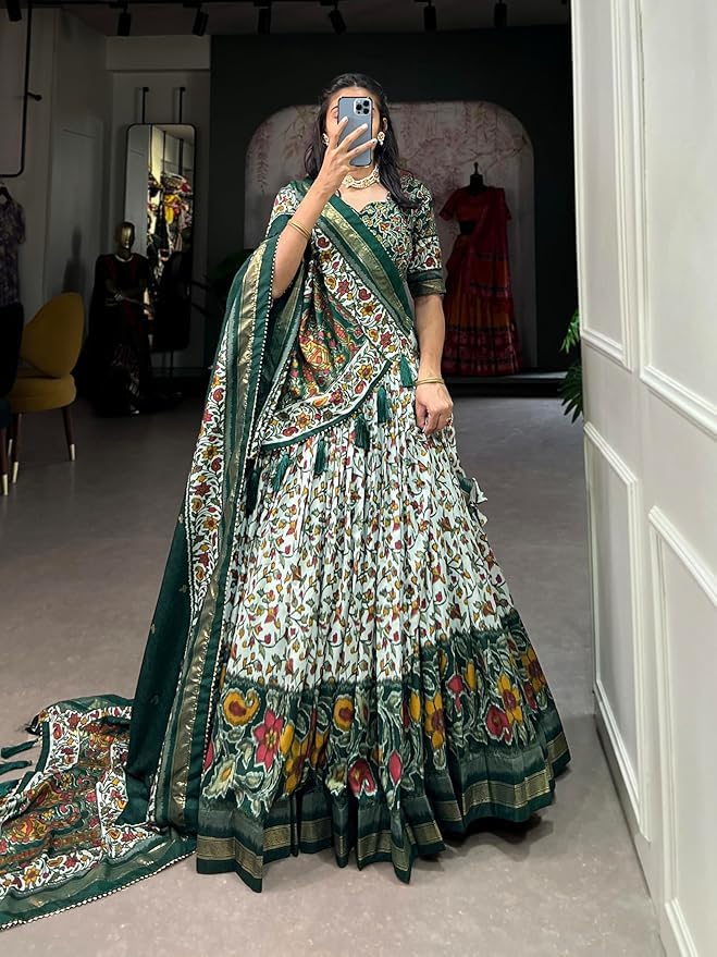 Trending Tussar Silk Lehenga Choli Print with Foil Work With Unstitched Blouse Patola Print Adorned with Foil Work For Navrati || Wedding