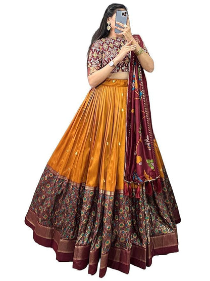 Trending Tussar Silk Lehenga Choli Print with Foil Work With Unstitched Blouse Patola Print Adorned with Foil Work For Navrati || Wedding