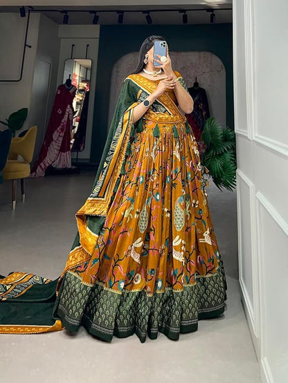 Women's Trending Designeer Tussar Silk Lehenga Choli Print with Foil Work With Unstitched Blouse Patola Print Adorned with Foil Work For Navrati || Wedding