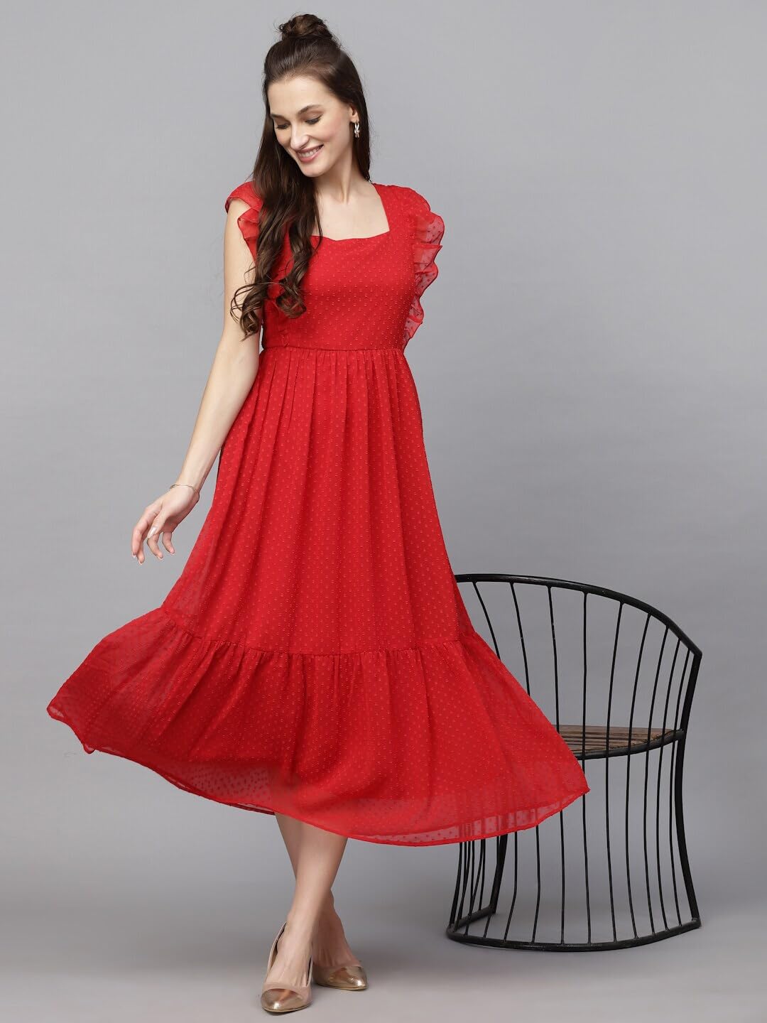 Georgette Jacquard Butti Square Neck Knee Length Western Dresses for Women (Dress2 89) 1