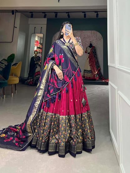 Women's Trending Designeer Tussar Silk Lehenga Choli Print with Foil Work With Unstitched Blouse Patola Print Adorned with Foil Work For Navrati || Wedding