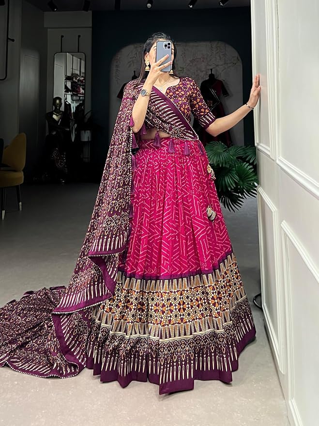 Trending Tussar Silk Lehenga Choli Print with Foil Work With Unstitched Blouse Patola Print Adorned with Foil Work For Navrati || Wedding