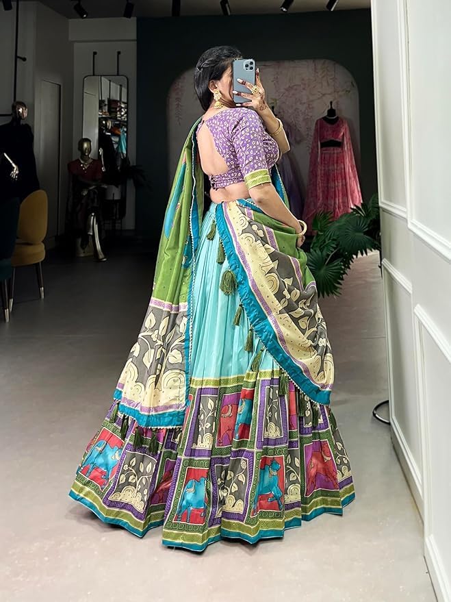 Trending Tussar Silk Lehenga Choli Print with Foil Work With Unstitched Blouse Patola Print Adorned with Foil Work For Navrati || Wedding