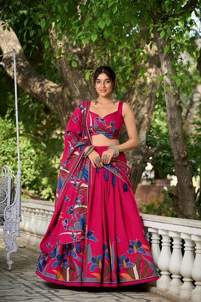 Women's Trending Designeer Tussar Silk Lehenga Choli Print with Foil Work With Unstitched Blouse Patola Print Adorned with Foil Work For Navrati || Wedding