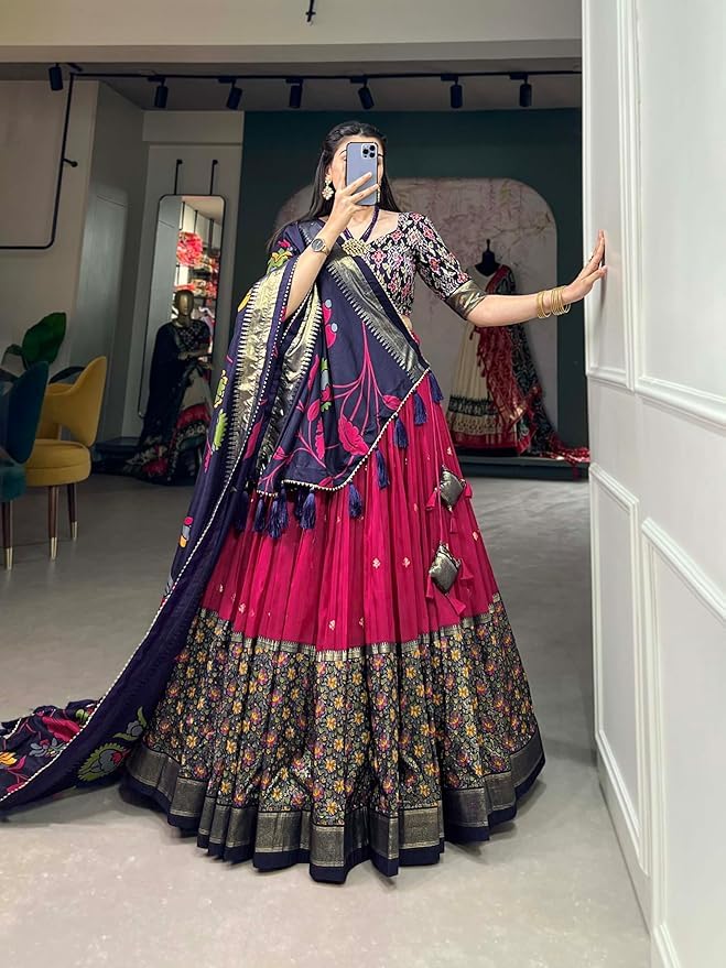 Women's Trending Designeer Tussar Silk Lehenga Choli Print with Foil Work With Unstitched Blouse Patola Print Adorned with Foil Work For Navrati || Wedding